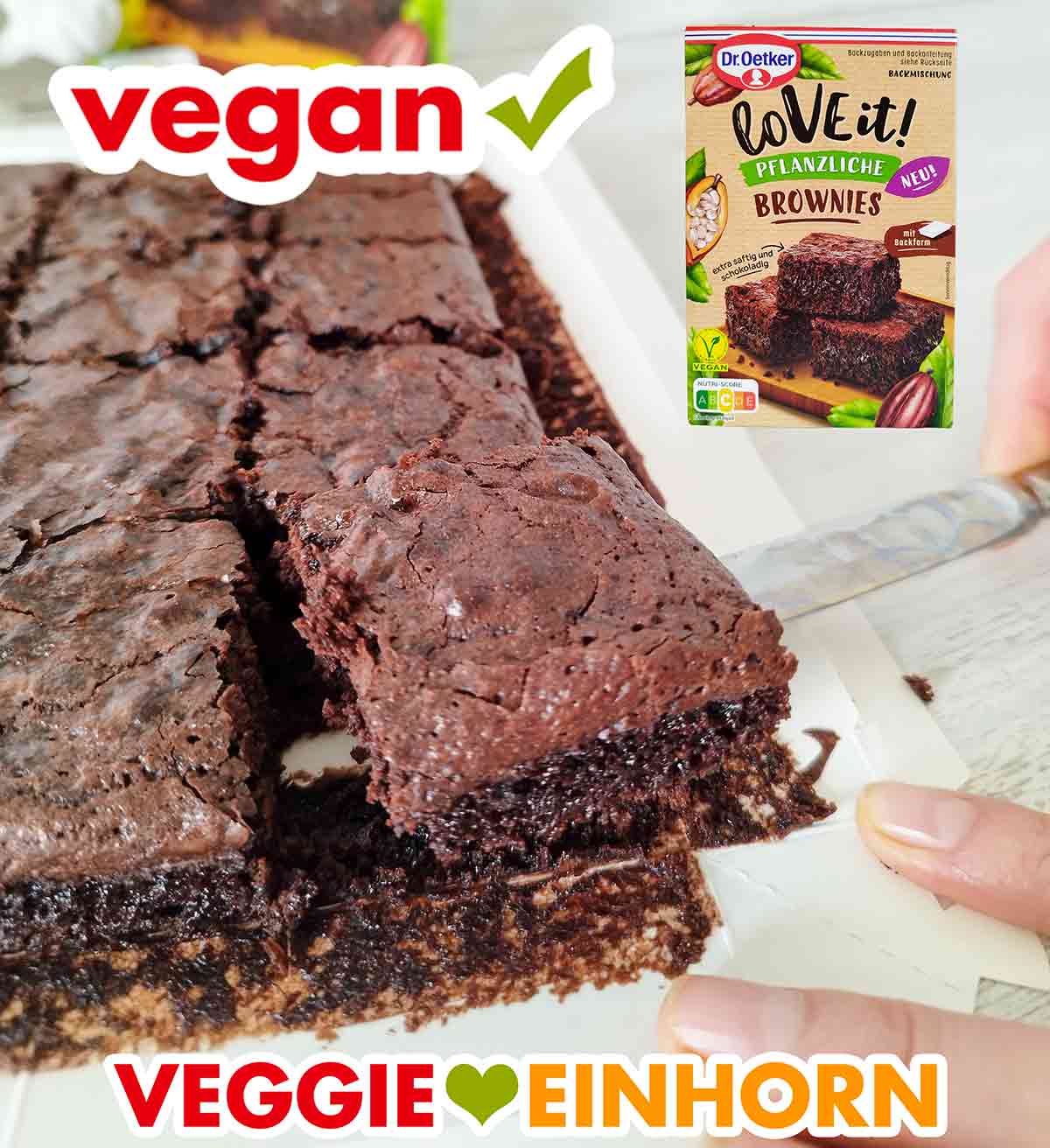 So sieht der Dr. Oetker LoVE it! Brownie aus. Ein veganer Brownie aus der Dr. Oetker Backmischung wird serviert