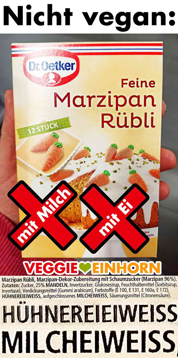 Die Zutaten von Dr. Oetker Marzipankarotten sind nicht vegan. Feine Marzipan Rübli von Dr. Oetker