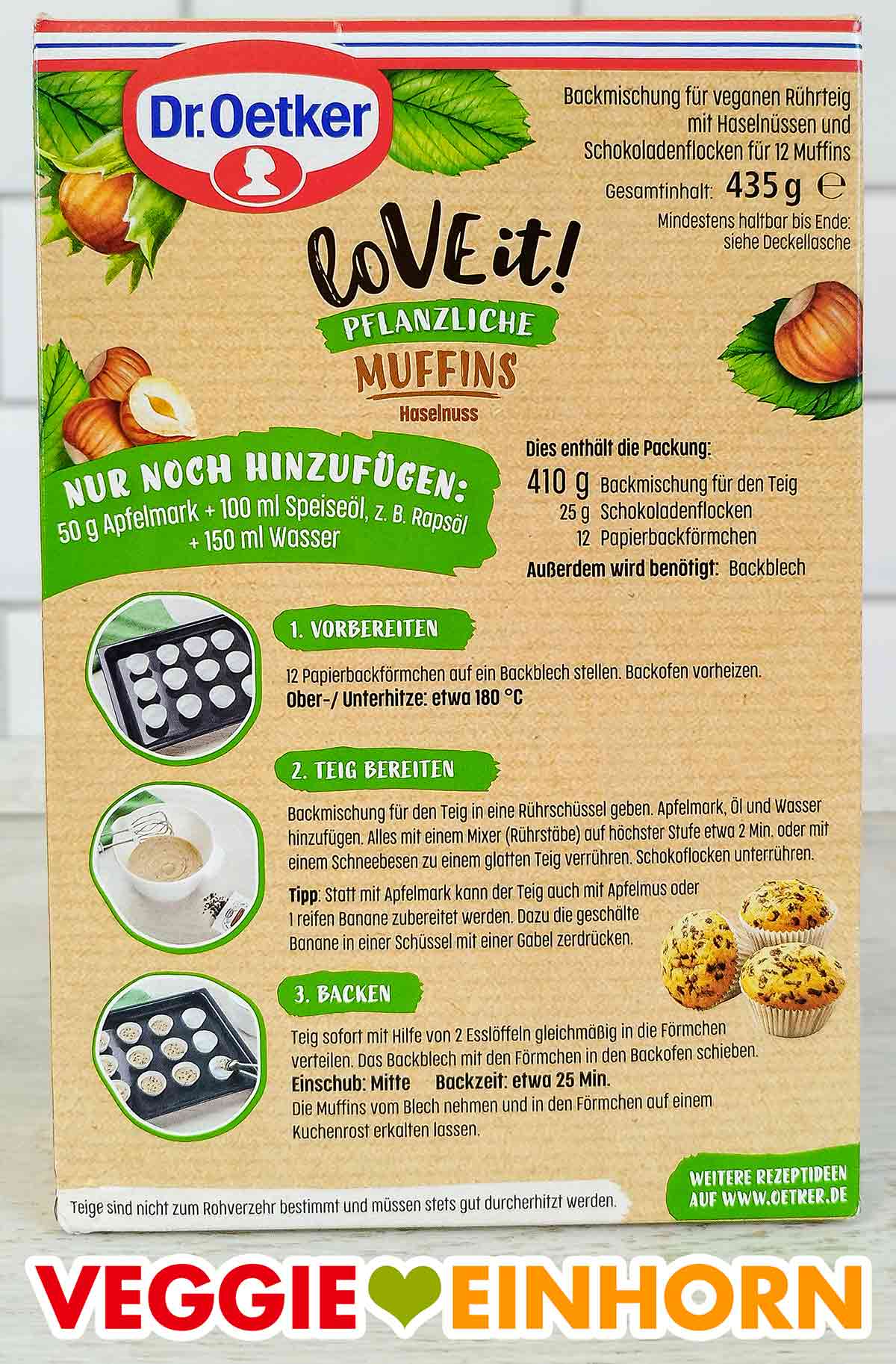Anleitung für die vegane Muffins Backmischung auf der Packungsrückseite Rückseite der Packung Dr. Oetker Vegane Muffins Backmischung