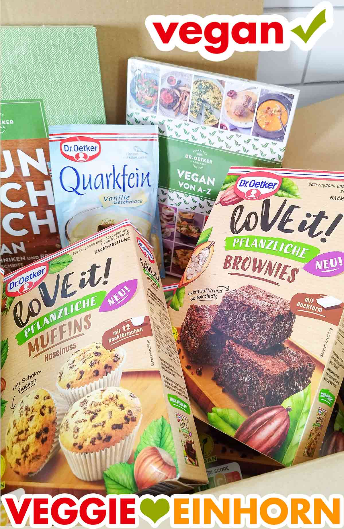 Dr. Oetker LoVE it! Brownies, Muffins, Quarkfein und vegane Kochbücher Vegane Backmischungen und Kochbücher von Dr. Oetker und eine Packung Quarkfein