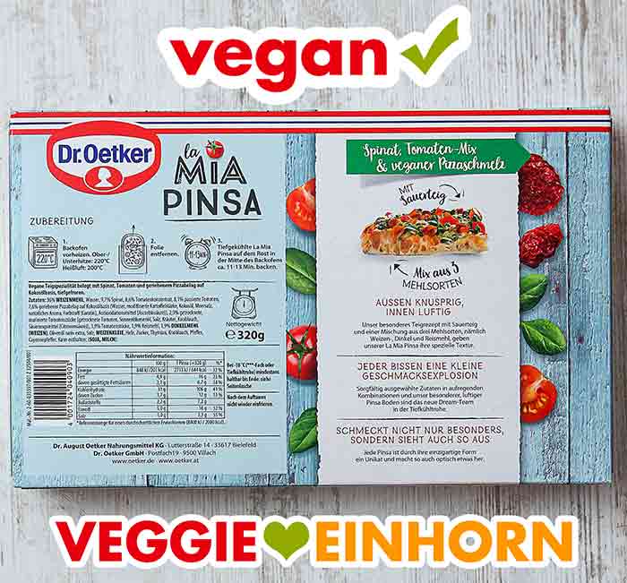 Packungsrückseite der veganen Pizza La Mia Pinsa von Dr. Oetker. Rückseite der Packung der veganen Pizza La Mia Pinsa