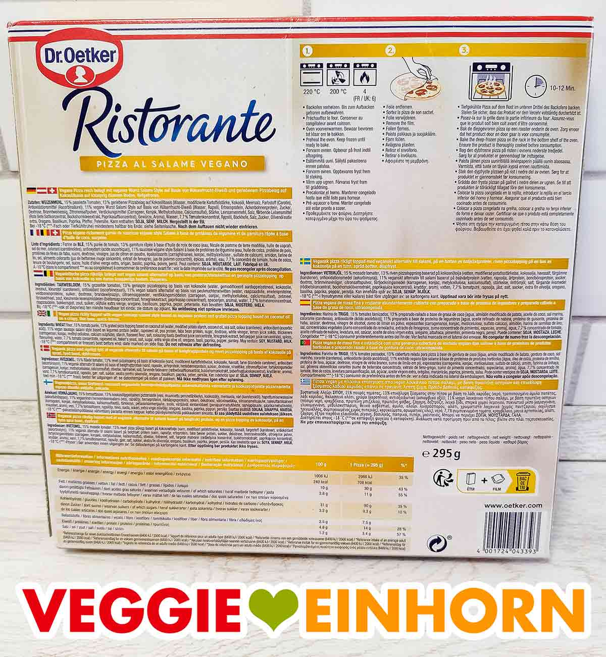 So sieht die Rückseite der Packung der veganen Salami Pizza Ristorante von Dr. Oetker aus. Rückseite der Packung der Dr. Oetker Ristorante Pizza al Salame Vegano