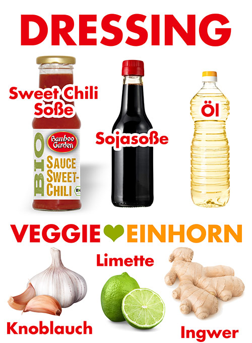 Sweet Chili Soße, Sojasoße, geschmacksneutrales Öl oder Sesamöl, Knoblauch, Limette, Ingwer Zutaten für asiatisches Dressing für Glasnudelsalat