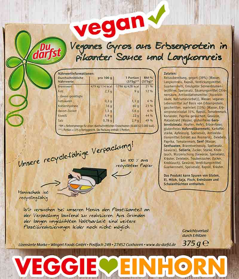 So sieht die Verpackung von hinten aus. Rückseite der Packung des veganen Gyros von Du Darfst