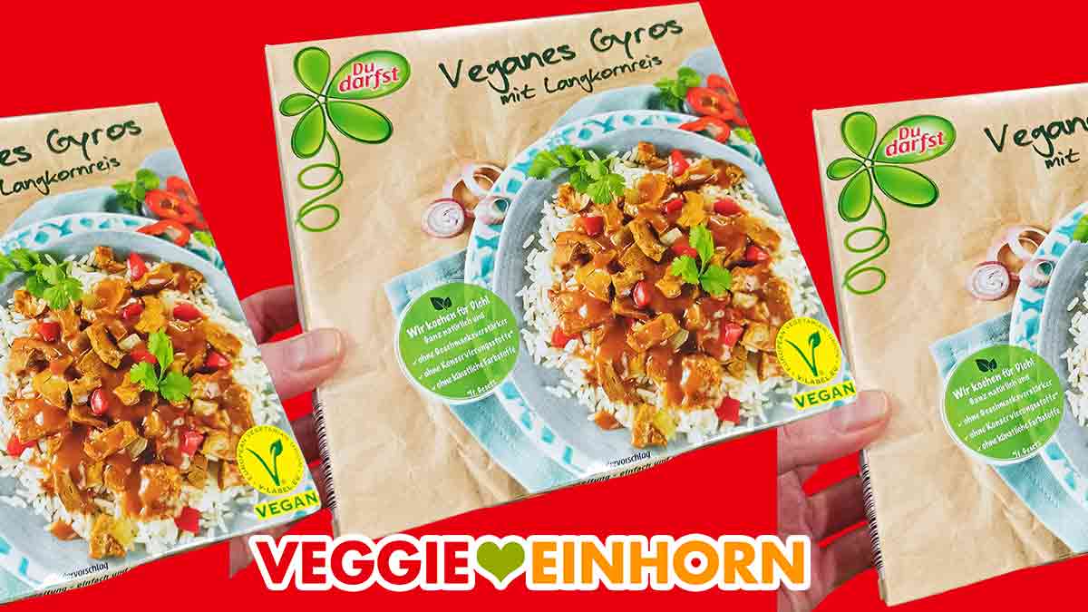 Das vegane Gyros von Du Darfst ist ein Fertiggericht mit veganem Fleisch. Du Darfst Veganes Gyros mit Langkornreis