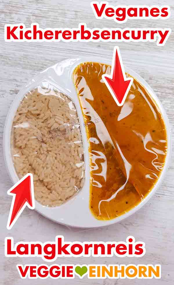 So sieht das vegane Fertiggericht von Du Darfst aus. Das vegane Kichererbsencurry und der gegarte Langkornreis in der Menüschale