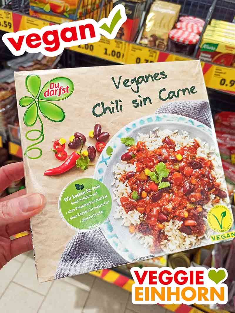 Das Chili sin Carne Fertiggericht ist vegan. Veganes Chili sin Carne von Du Darfst im Supermarkt