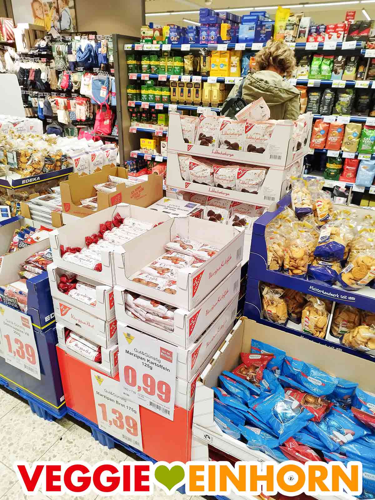Einige der Gut und Günstig Weihnachtssüßigkeiten sind vegan. Weihnachtssüßigkeiten von Gut und Günstig bei Edeka