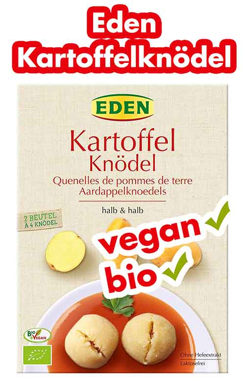 Die Kartoffelknödel von Eden sind vegan und bio. Eden Bio Kartoffelknödel halb und halb