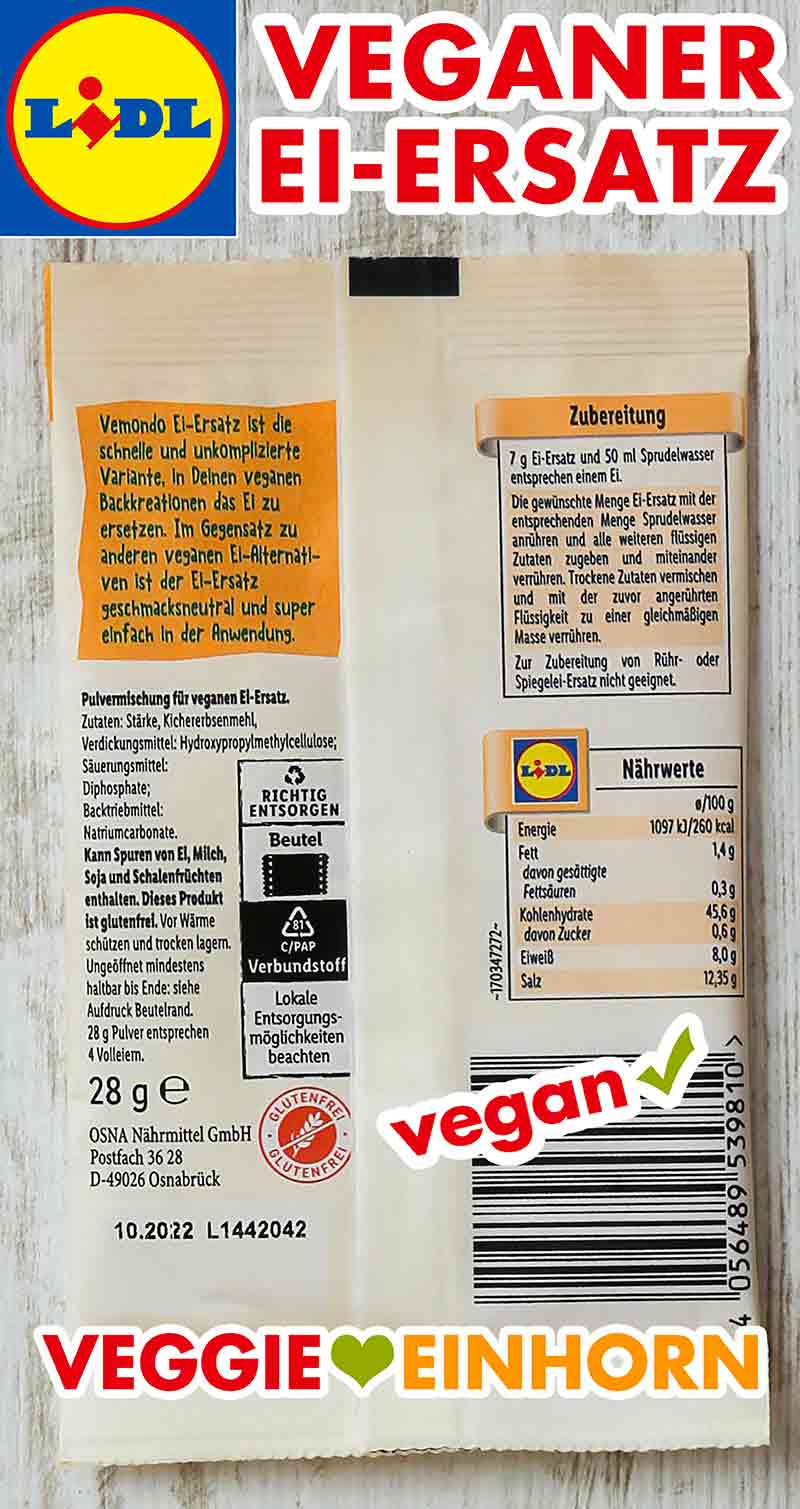 So sieht die Verpackung von hinten aus. Rückseite der Packung Ei Ersatz von Lidl