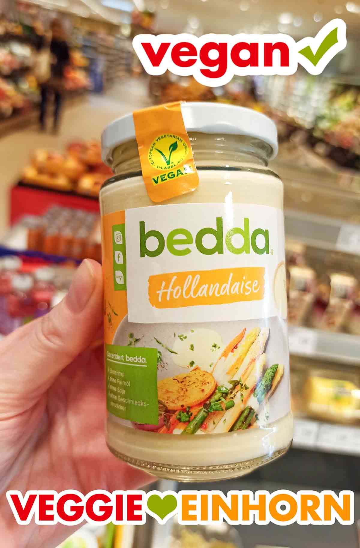 Vegane Hollandaise Sauce von bedda Ein Glas bedda Sauce Hollandaise im Supermarkt