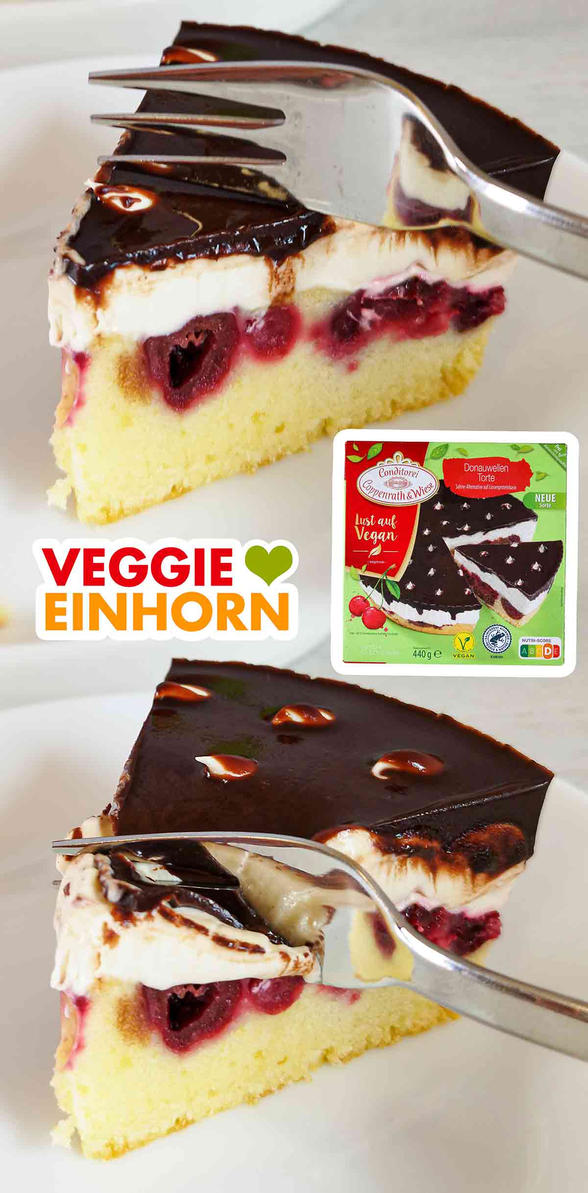 Vegane Donauwelle von Coppenrath und Wiese mit Kuchengabel Ein Stück vegane Donauwelle von Coppenrath und Wiese mit einer Tortengabel