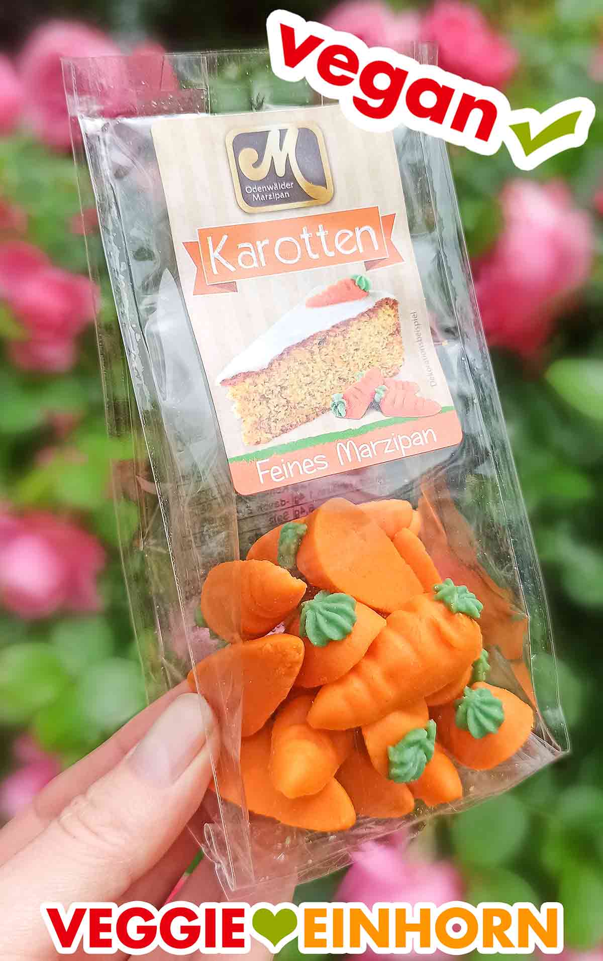 Die Marzipan Karotten von Odenwälder sind vegan. Eine Packung vegane Marzipankarotten von Odenwälder