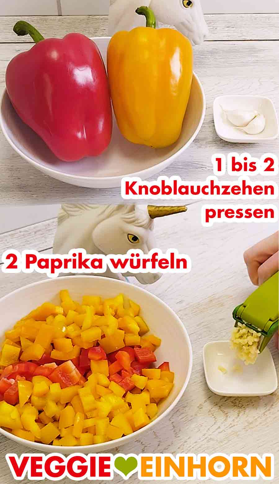 Zwei Paprikaschoten in kleine Stücke schneiden und zwei Zehen Knoblauch mit einer Knoblauchpresse pressen. Eine rote und eine gelbe Paprika und zwei Knoblauchzehen