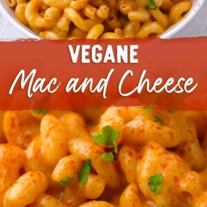 Zwei Fotos von veganen Macaroni and Cheese, in der Mitte ein farbiger Balken mit dem Text Vegane Mac and Cheese.
