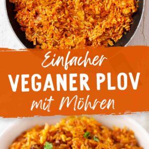 Veganer Plow mit Möhren und veganem Fleisch.