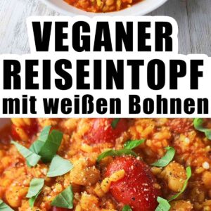 Veganer einfacher Reiseintopf mit Tomaten und weißen Bohnen