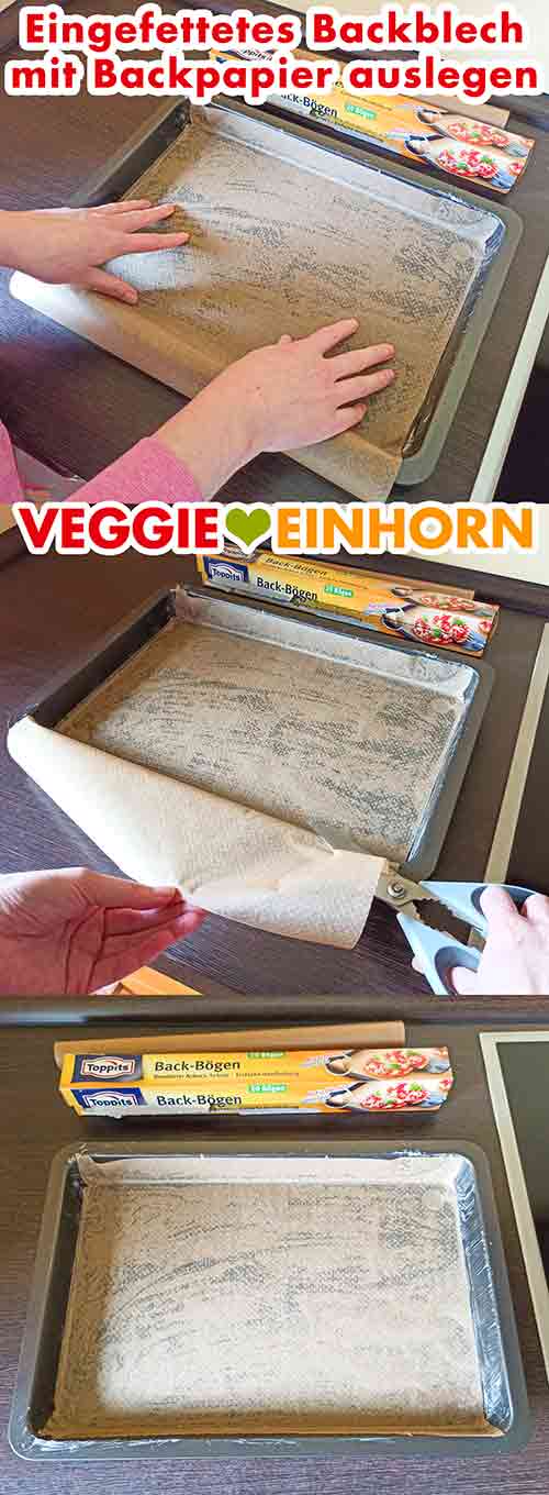 Das Blech wird mit Backpapier ausgelegt. Backpapier auf das Blech legen