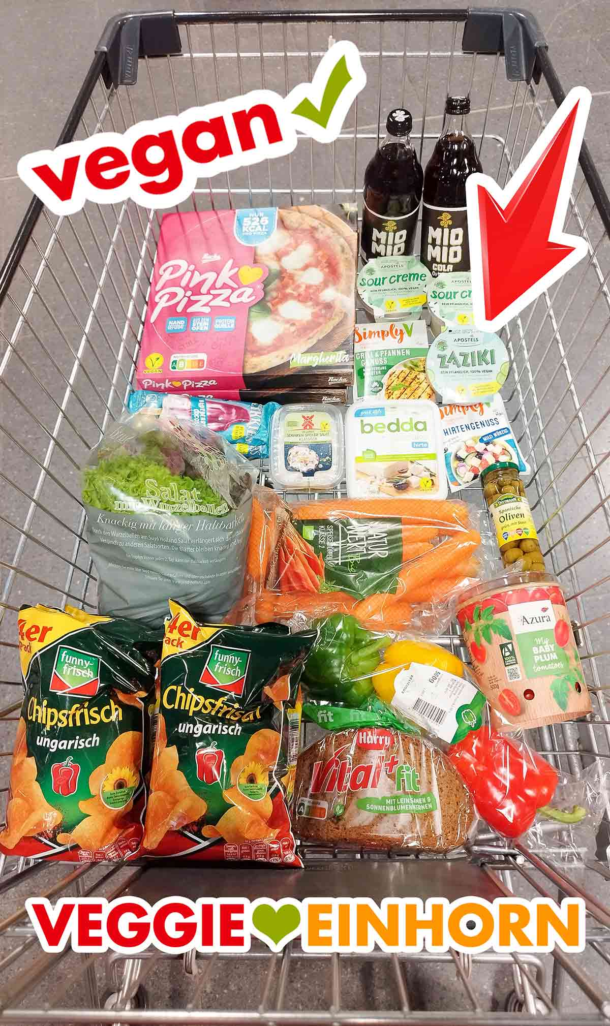 Das war mein veganer Einkauf bei Combi. Einkaufswagen mit veganem Zaziki von Apostels und anderen veganen Lebensmitteln