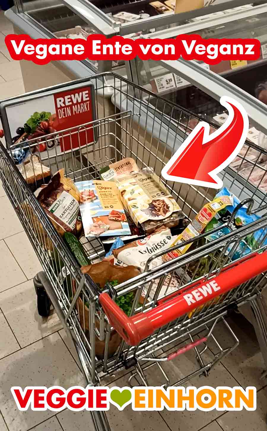 Rewe Einkaufswagen mit veganer Ente Veganz Ente im Einkaufswagen