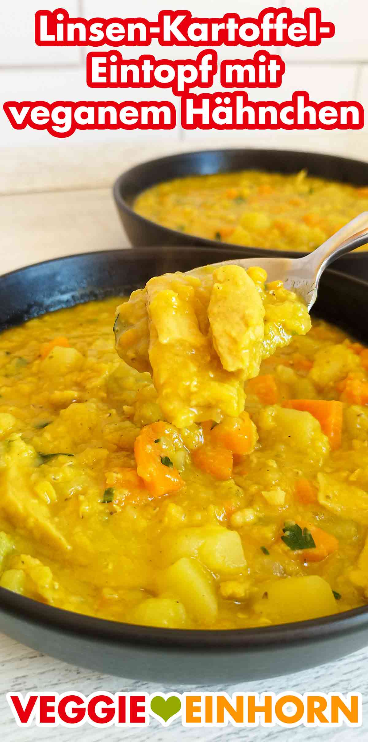Das vegane Hähnchen ist Like Chicken von Like Meat. Linsen Kartoffel Eintopf mit veganem Hähnchen