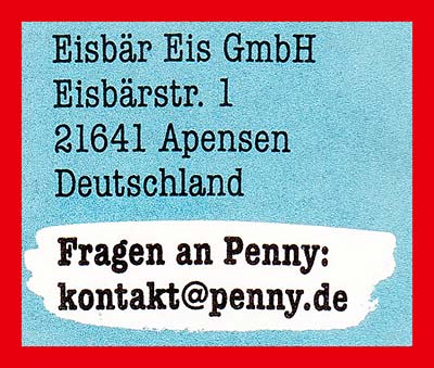 Das vegane Peanut Cookie Eis von Penny wird von Eisbär Eis hergestellt. Eisbär Eis GmbH, Eisbärstr. 1, 21614 Apensen