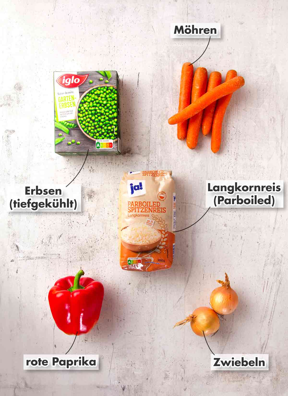 Iglo TK Erbsen, Möhren, ja! Parboiled Spitzenreis, rote Paprika, Zwiebeln Tiefgekühlte Erbsen, Möhren, Langkornreis parboiled, rote Paprika, Zwiebeln