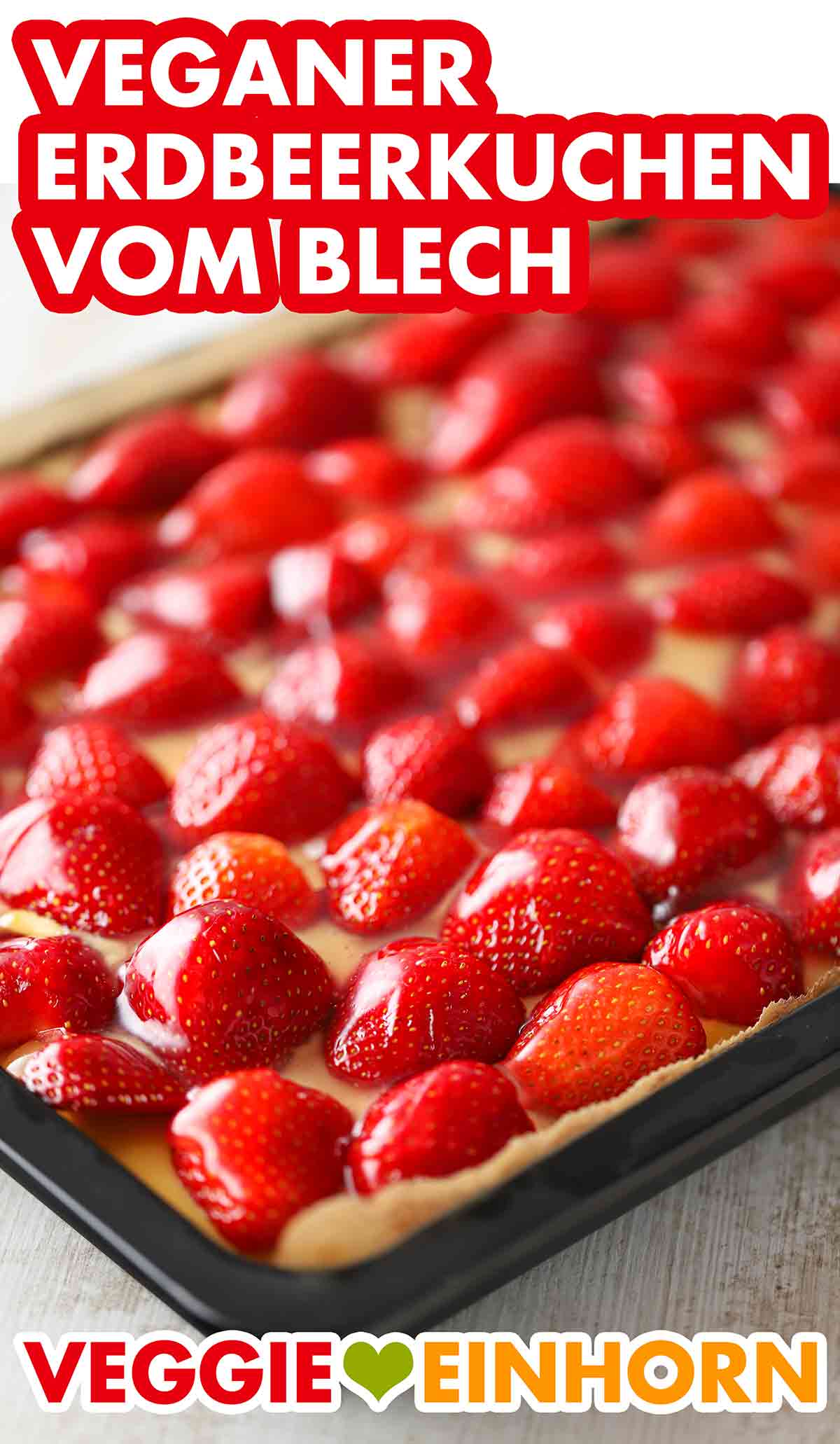 Der vegane Erdbeerkuchen vom Blech ist einfach und lecker. Ein Backblech mit veganem Erdbeerkuchen mit Pudding