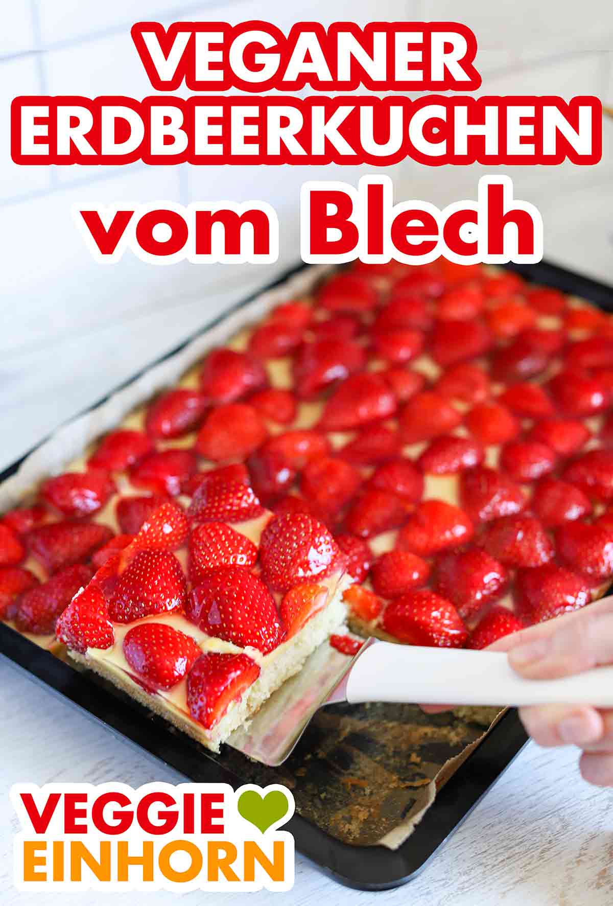 Der vegane Erdbeerkuchen vom Blech kommt immer gut an. Ein Stück veganer Erdbeer Blechkuchen wird serviert