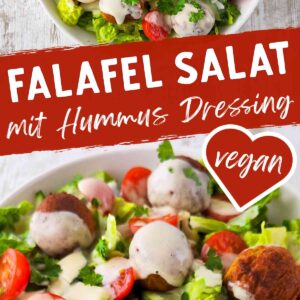 Zwei Ansichten eines veganen Falafel-Salats mit Romanasalat, Kirschtomaten, Gurken und cremigem Hummus-Dressing.