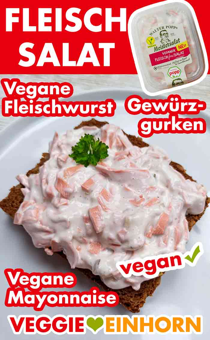 Brot mit veganem Fleischsalat von Popp Feinkost Veganer Fleischsalat von Popp Feinkost auf einer Scheibe Brot.