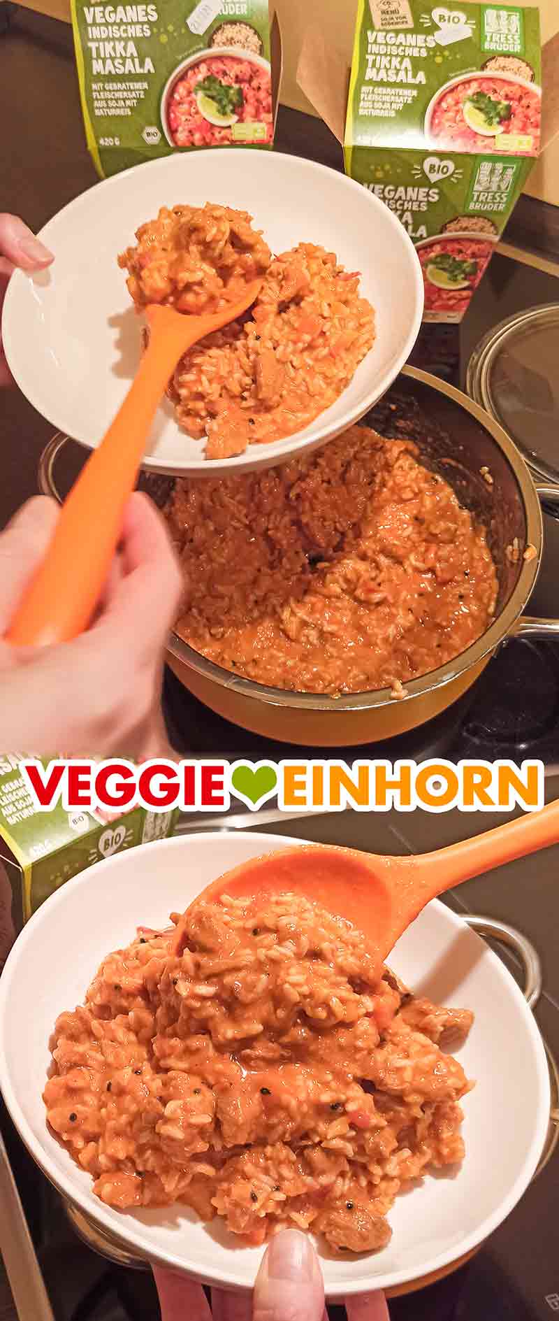 So sieht das vegane Fertiggericht aus. Das fertig gekochte Tikka Masala wird auf den Teller gefüllt.