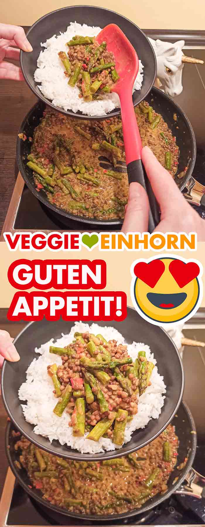 Zu dem Curry schmeckt zum Beispiel Basmati Reis sehr lecker. Das Spargel Linsen Curry wird auf einen Teller mit Basmati Reis gefüllt.