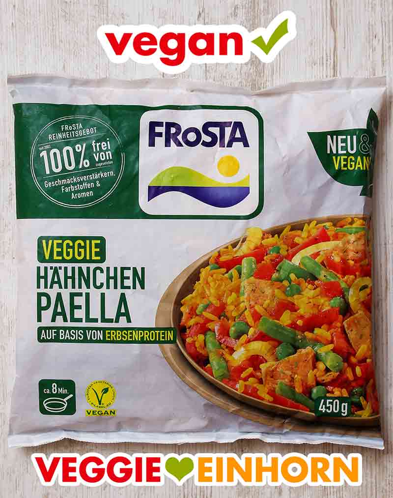 Die Frosta Veggie Hähnchen Paella ist vegetarisch und vegan. Ein Beutel Frosta Veggie Hähnchen Paella