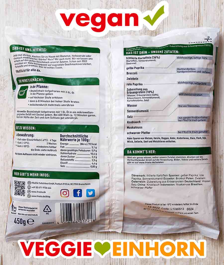 So sieht der Beutel von hinten aus. Rückseite der Packung der Frosta Veggie Bratkartoffel Hähnchen Pfanne