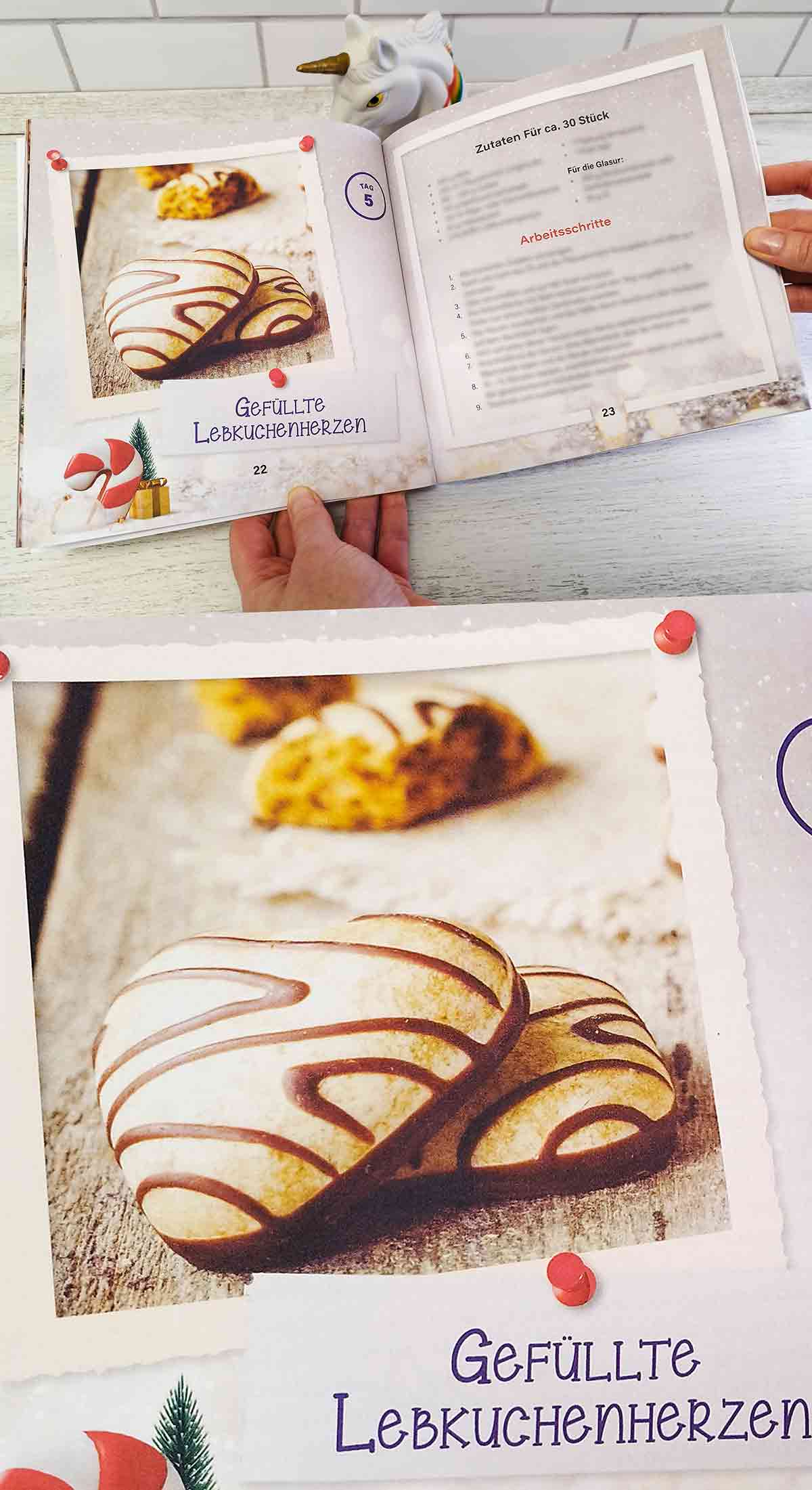 Die gefüllten Lebkuchenherzen sehen nicht aus wie nach dem Rezept selbst gebacken. Gefüllte Lebkuchenherzen im Buch der vegane Adventskalender von Maria Bachmann