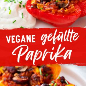 Pinterest-Pin mit veganen gefüllten Paprika, gefüllt mit Reis, Kidneybohnen, Mais und Champignons, serviert mit cremigem Dip und Schnittlauch. In der Mitte ein roter Banner mit weißer Schrift „Vegane gefüllte Paprika“, unten das Logo „Veggie Einhorn“.