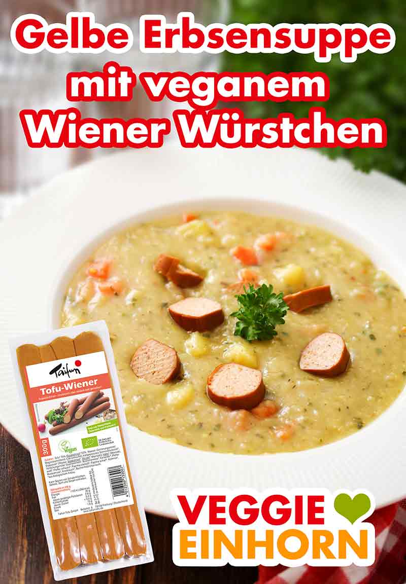 Gelbe Erbsen Eintopf mit veganen Wiener Würstchen Vegane Erbsensuppe mit veganen Würstchen