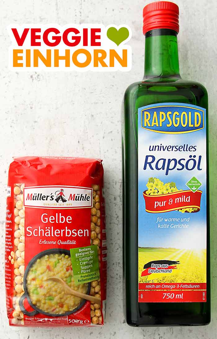 Müllers Mühle Gelbe Schälerbsen und Rapsgold Rapsöl Eine Packung Gelbe Schälerbsen und eine Flasche Rapsöl