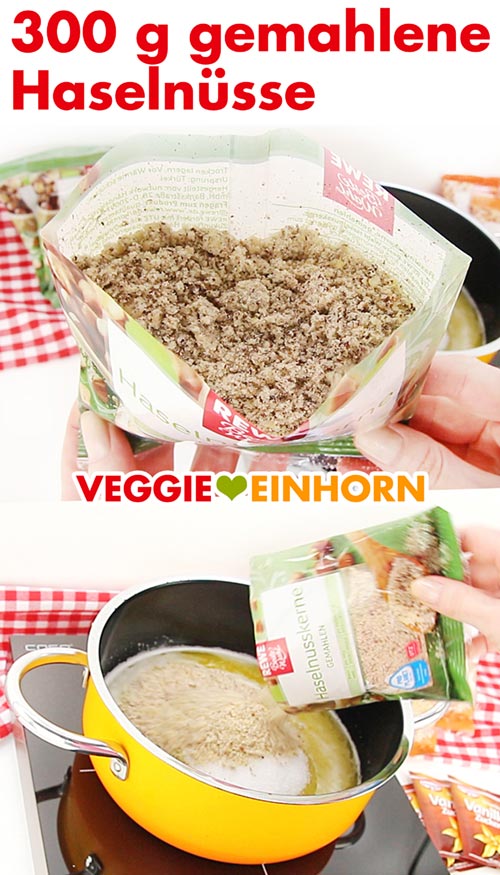 Zufügen von gemahlenen Haselnüssen Gemahlene Haselnüsse für vegane Nussecken