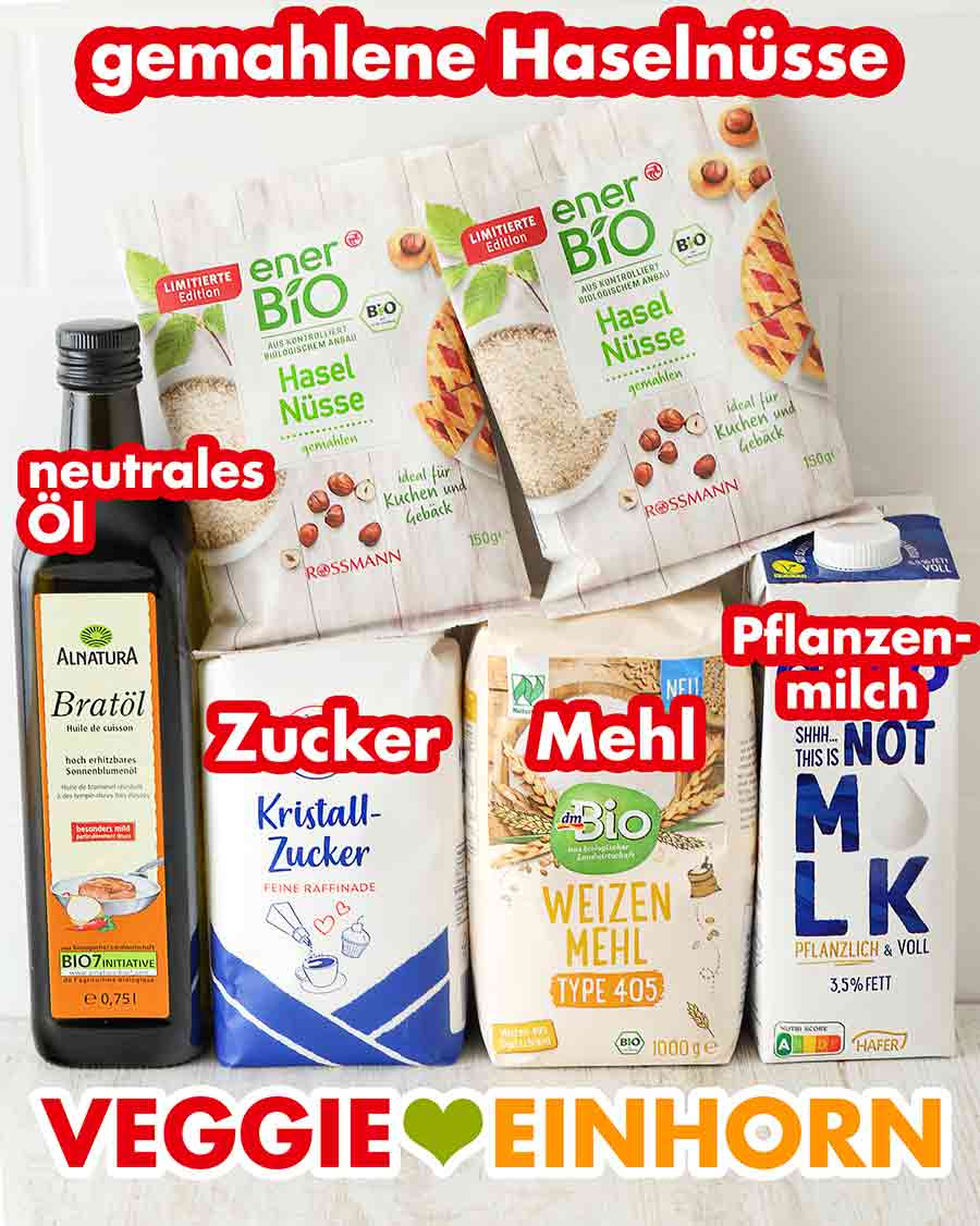 Alnatura Bratöl, gemahlene Nüsse von Rossmann enerBIO, Zucker, Weizenmehl von dm Bio, Alpro Not Milk Neutrales Öl, gemahlene Haselnüsse, Zucker, Mehl und Pflanzenmilch