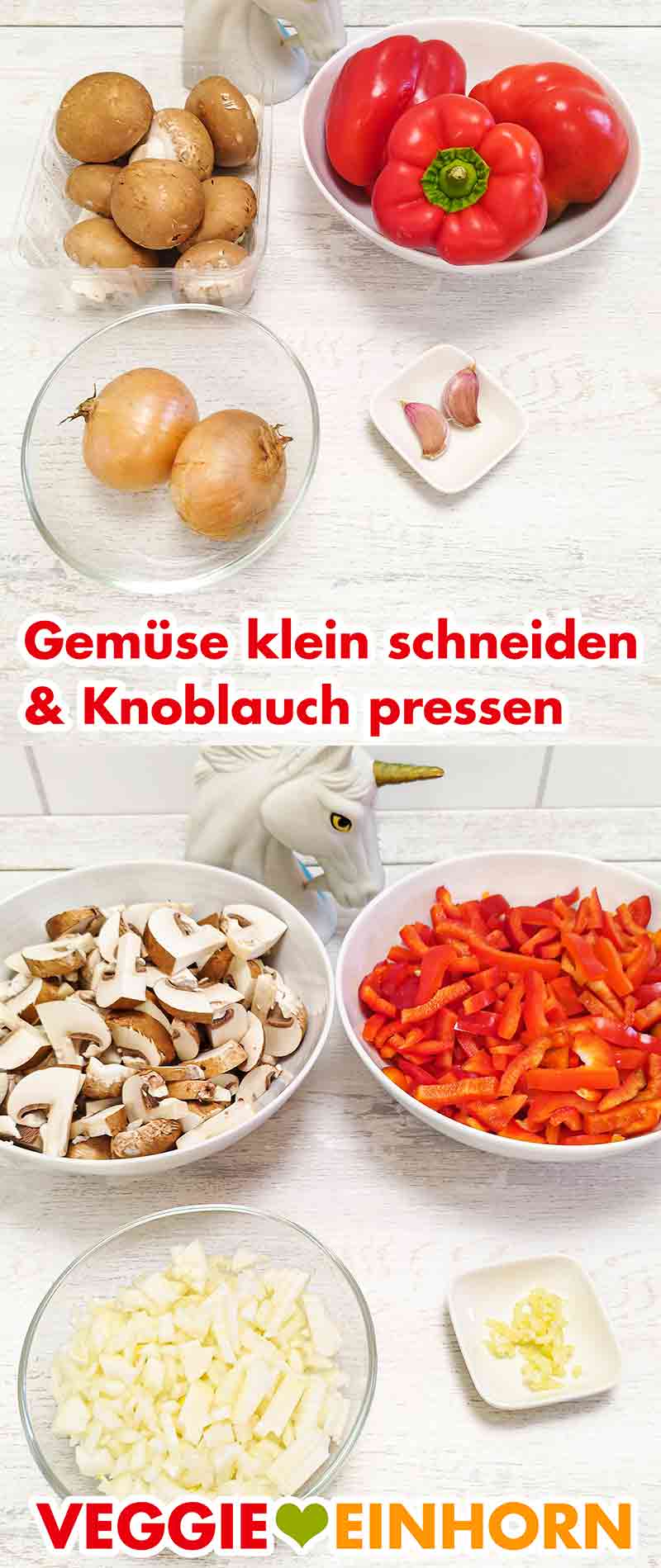 Das Gemüse klein schneiden und die Knoblauchzehen pressen. Pilze, Paprika und Zwiebeln klein schneiden und Knoblauch pressen