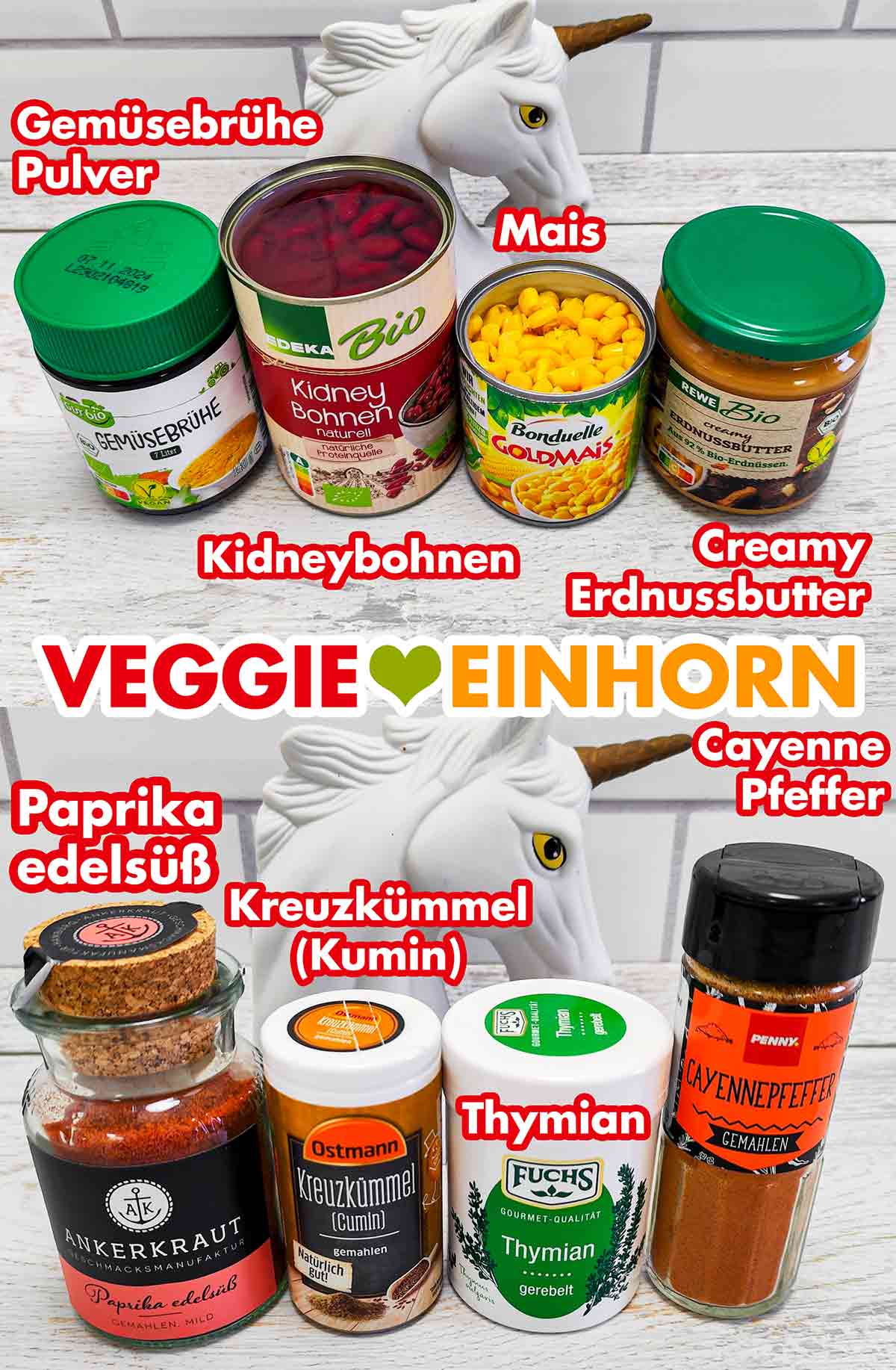 Aldi Gut Bio Gemüsebrühe, Edeka Bio Kidneybohnen, Bonduelle Goldmais, Rewe Bio Creamy Erdnussbutter, Ankerkraut Paprika edelsüß, Ostmann Kreuzkümmel, Fuchs gerebelter Thymian, Penny Cayennepfeffer Gemüsebrühe Pulver, Kidneybohnen, Mais, Erdnussbutter, edelsüßes Paprikapulver, Kumin, Thymian, Cayennepfeffer