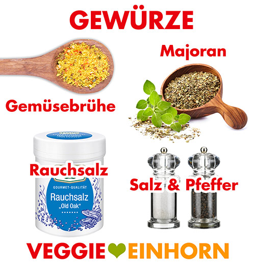 Gewürze für die vegane Kartoffelsuppe Gemüsebrühe Pulver, Majoran, Rauchsalz, Salz und schwarzer Pfeffer