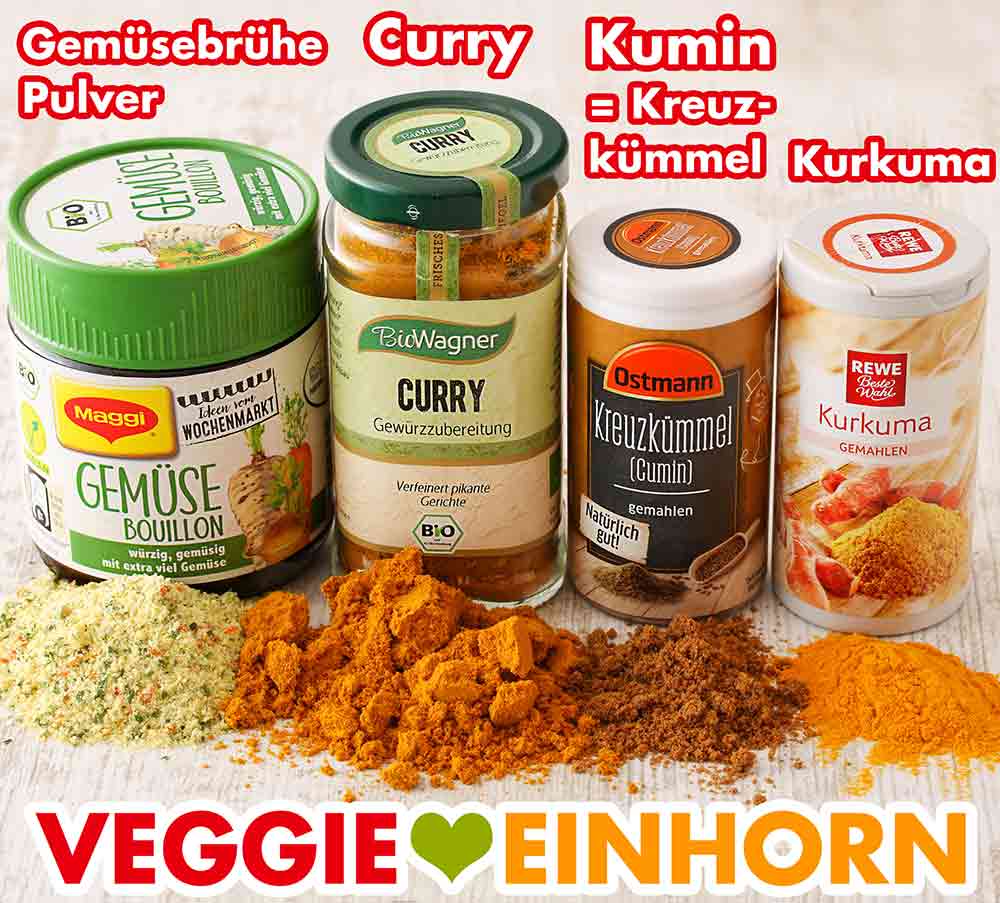 Maggi Gemüse Bouillon, Bio Wagner Curry, Ostmann Kreuzkümmel, Rewe Beste Wahl Kurkuma Gemüsebrühe Pulver, Curry, gemahlener Kreuzkümmel, Kurkuma