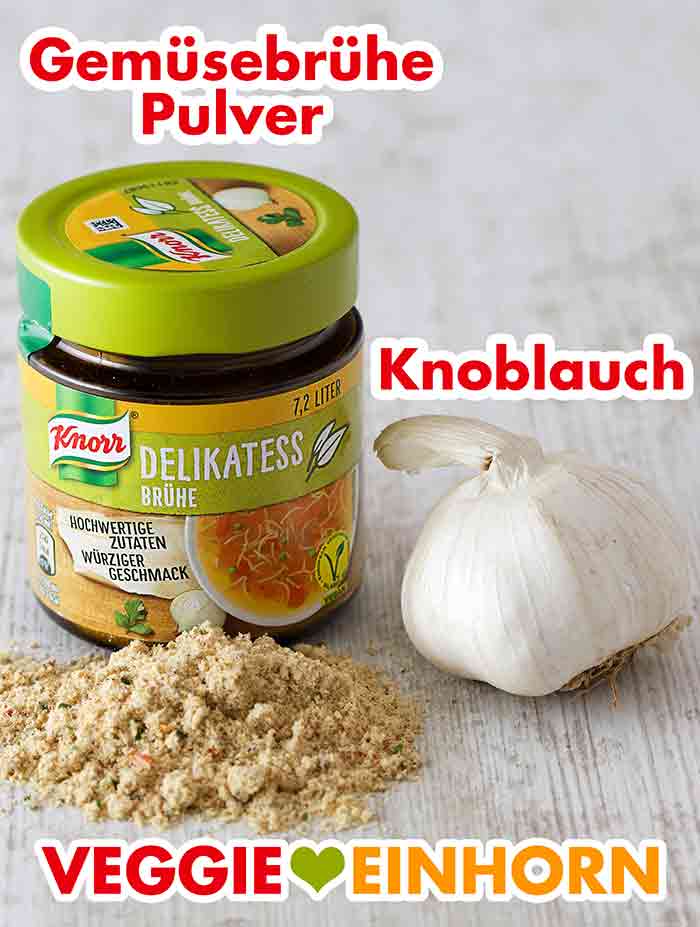 Knorr Delikatess Brühe und Knoblauch Gemüsebrühe Pulver und eine Knoblauchknolle