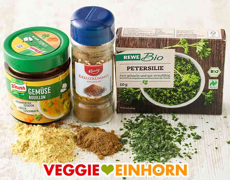 Knorr Gemüse Bouillon, Kania Kreuzkümmel und tiefgekühlte Petersilie von Rewe Bio Gemüsebrühe Pulver, gemahlener Kreuzkümmel und gehackte TK Petersilie