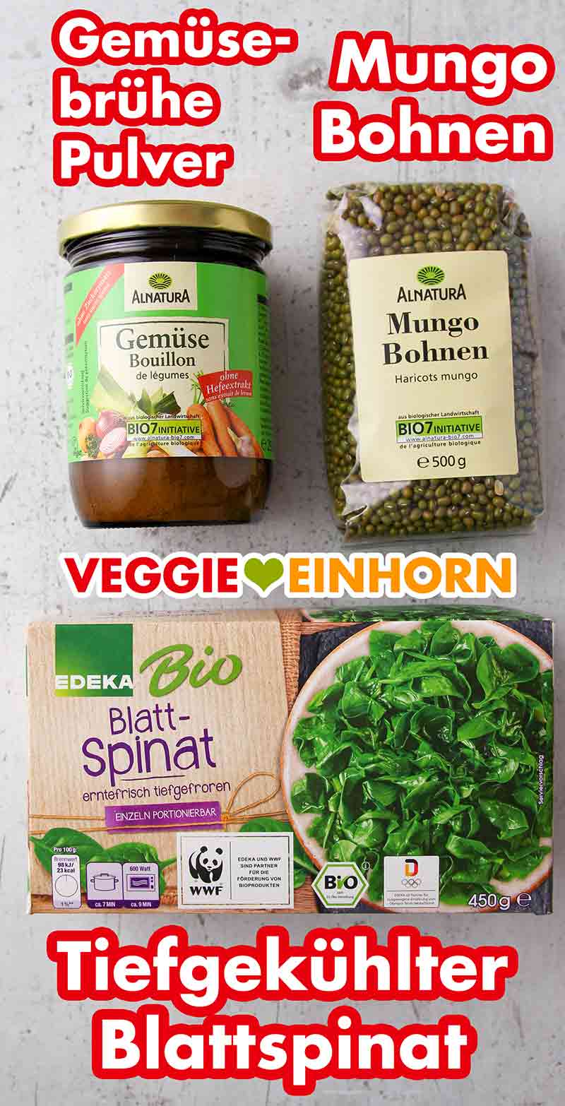 Alnatura Gemüse Bouillon, ganze Mungobohnen, tiefgefrorener Spinat von Edeka Bio Gemüsebrühe Pulver, Mungbohnen, TK Blattspinat