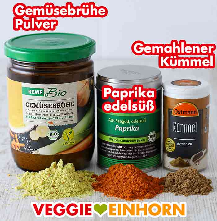 Rewe Bio Gemüsebrühe Pulver, Herbaria Paprika edelsüß, Ostmann gemahlener Kümmel Gemüsebrühe Pulver, Paprika edelsüß, Kümmel