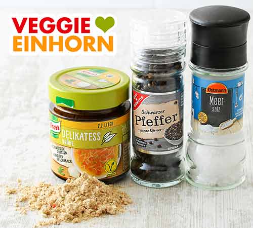 Knorr Delikatess Brühe, Gut und Günstig Pfeffer, Ostmann Meersalz Ein Glas Gemüsebrühe Pulver, schwarzer Pfeffer und Meersalz